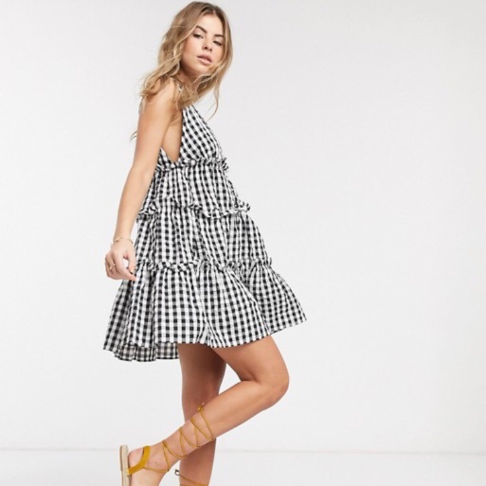 ASOS gingham button front tiered mini sundress